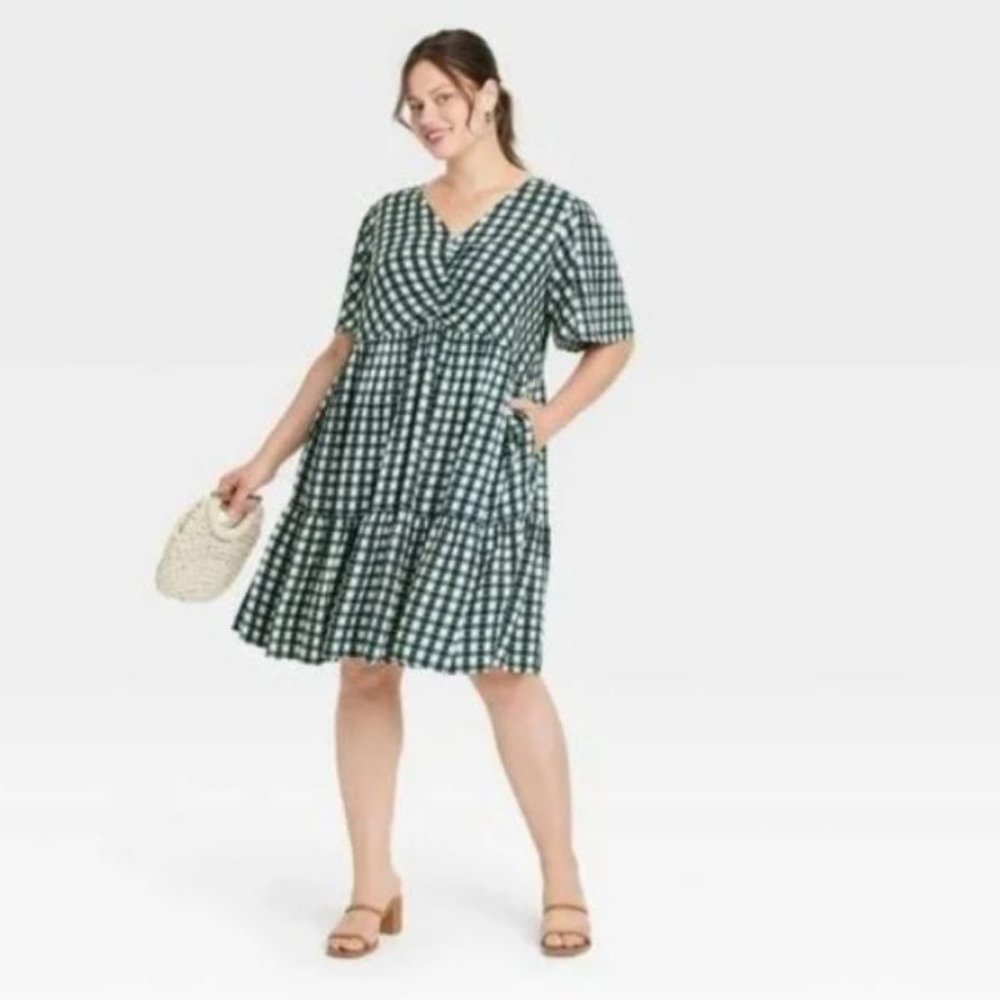Ava & Viv Blue Plaid Short Sleeve Ruffle Midi Dress Lightweight Rayon Size 2X